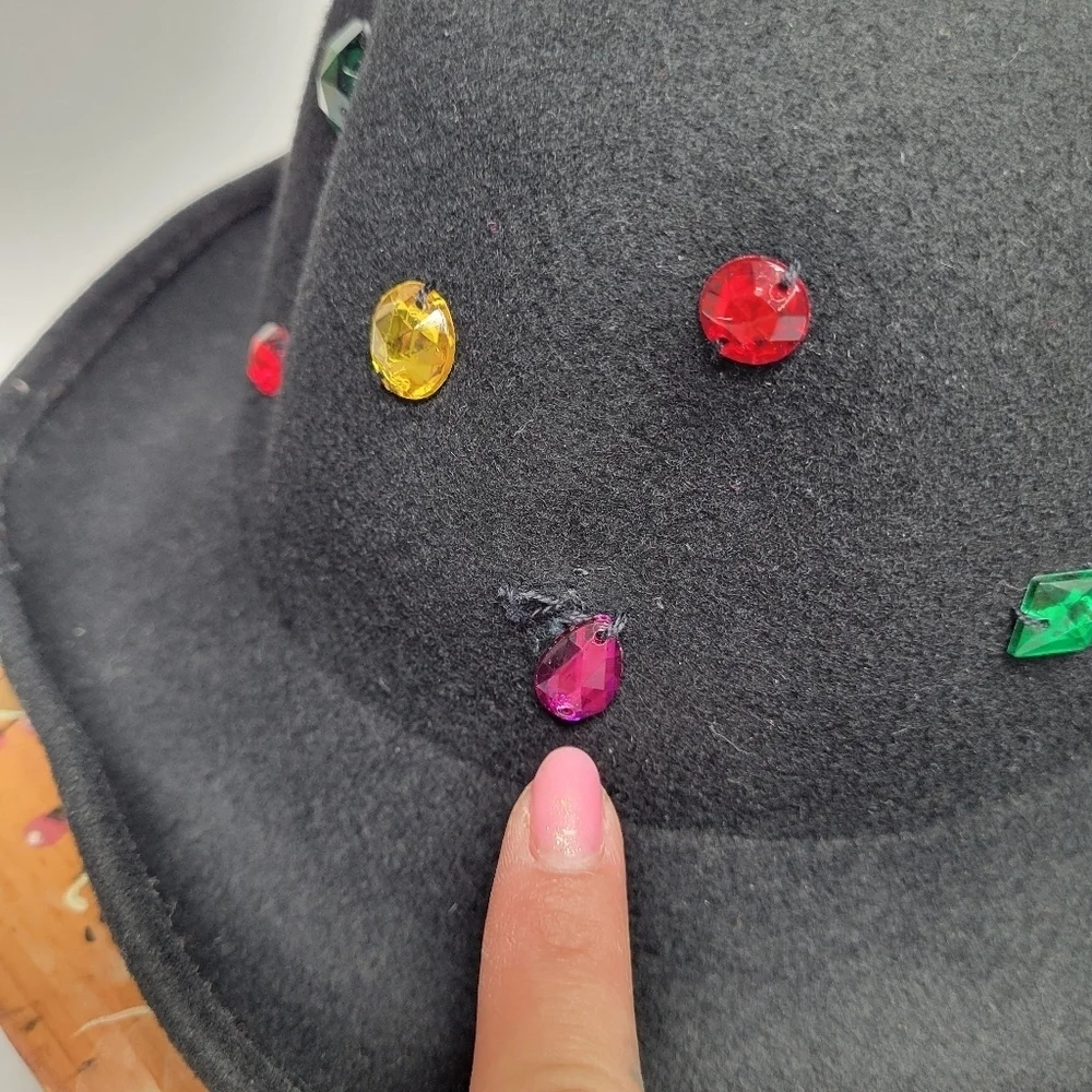 Vintage Wool Bejewled Made in Italy Black Hat Silver‎ Studs Felt 60s Retro - Picture 5 of 17